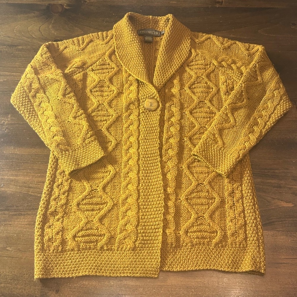 Inis Crafts Cardigan Sweater Vtg Gold Merino Wool Fisherman Cable Shawl Collar
